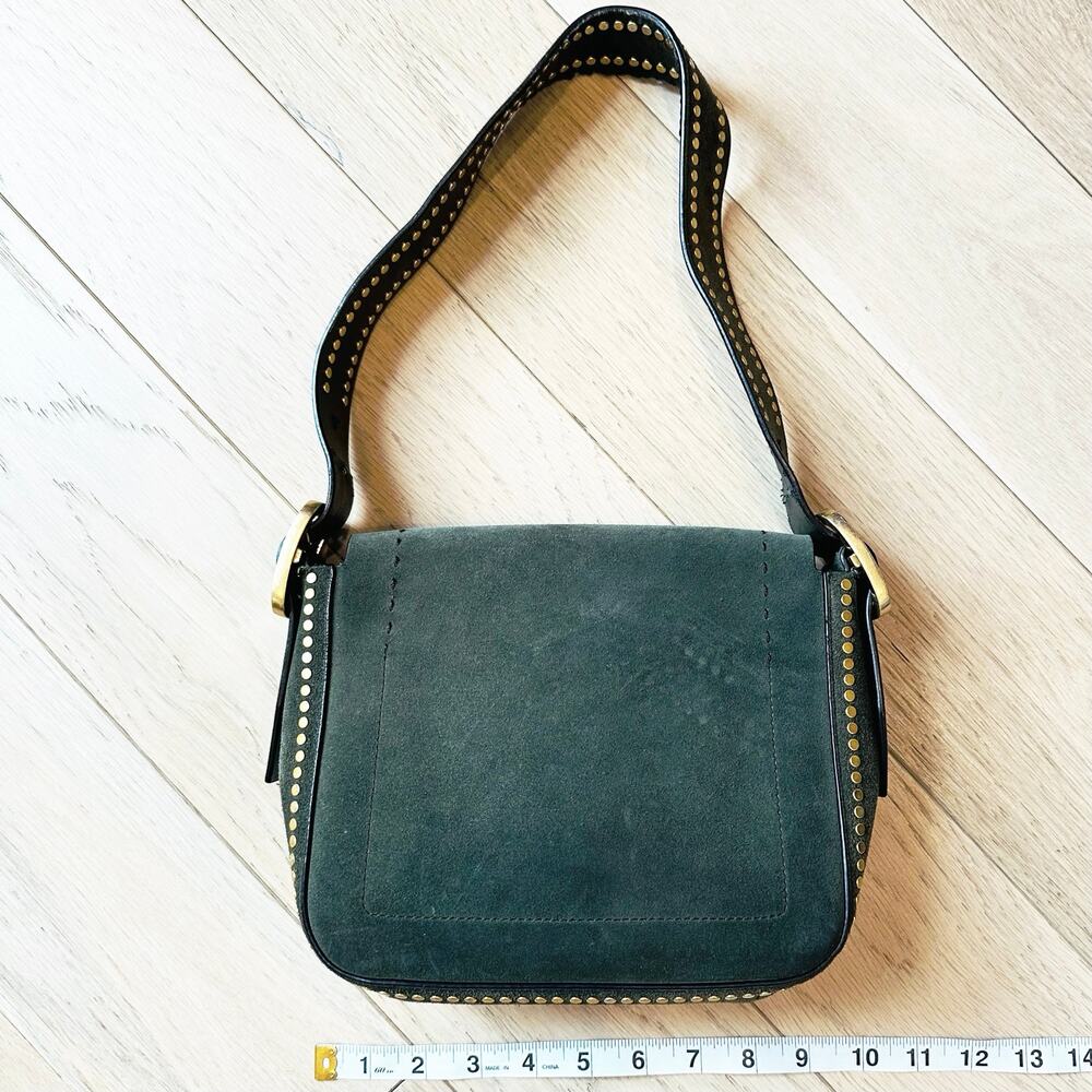 Tory Burch Sawyer Small Suede Shoulder Bag Green Gold Stud Buckle Purse - Picture 2 of 11